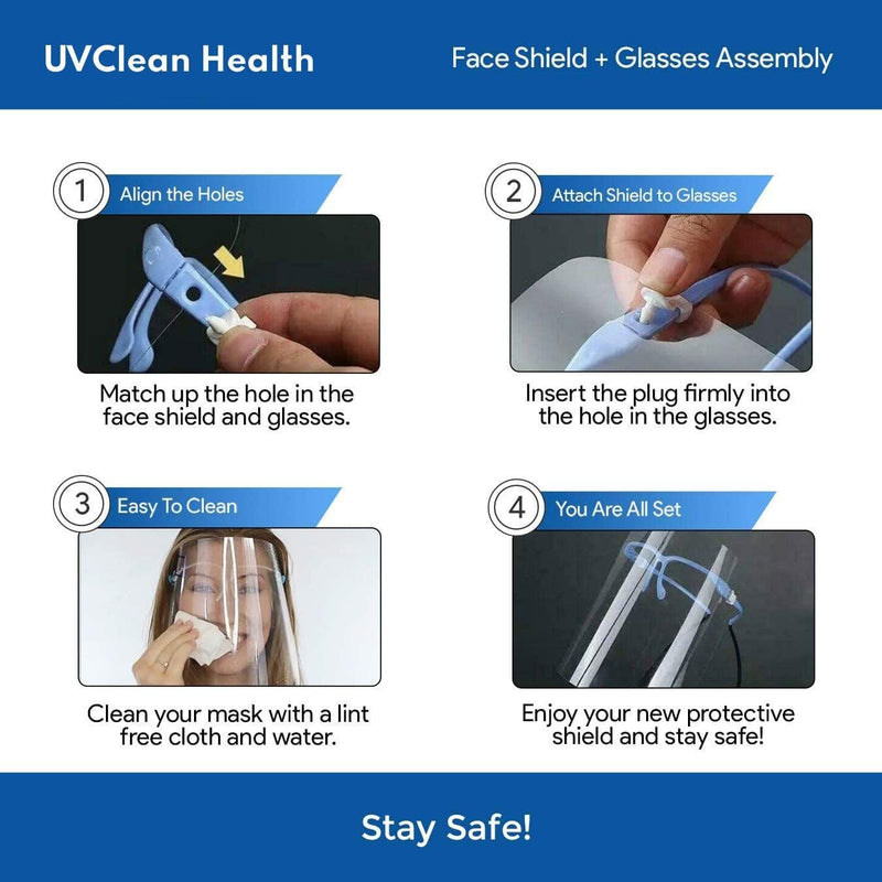 UVClean Health Protective Face Shield, Fully Transparent (5pcs set) Best UVC Sanitizer Sterilizer PPE UV-C Kills Germs Viruses Bacteria Mold